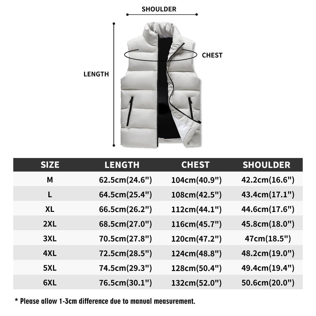The South lake white Mens Warm Stand Collar Zip Up Puffer Vest